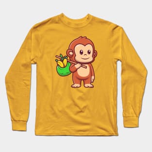 Cute Monkey Bring Banana With Bag Cartoon Long Sleeve T-Shirt